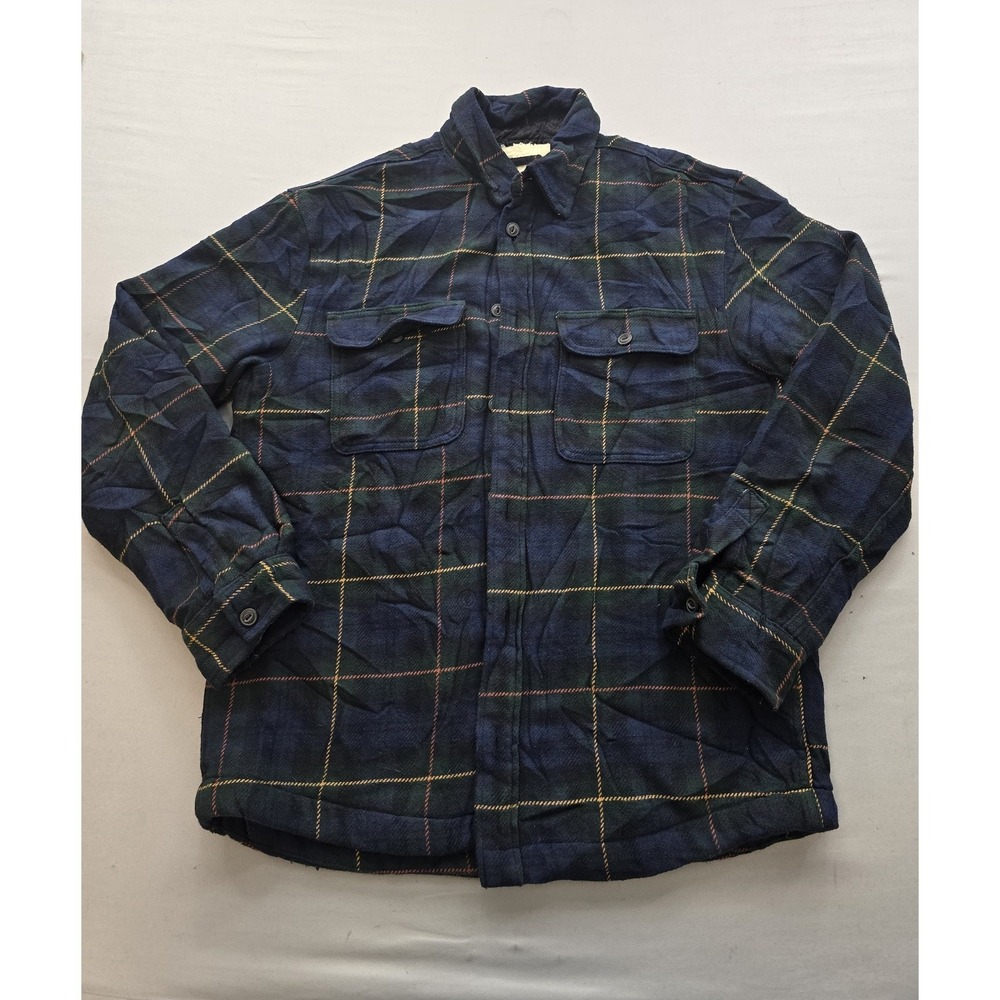 HM LOGG Mens Plaid Flannel Shirt Jacket Sherpa Lined Navy Green Medium